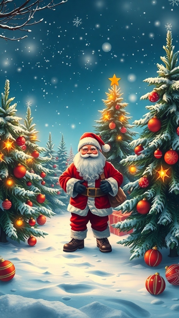 Aesthetic Christmas wallpaper with Santa Claus in a winter setting, decorated with trees and lights.